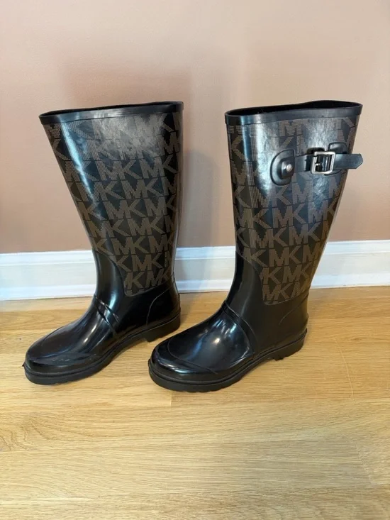 Michael Kors Brown and Black MK Logo Tall Rain Boots - Picture 2 of 10